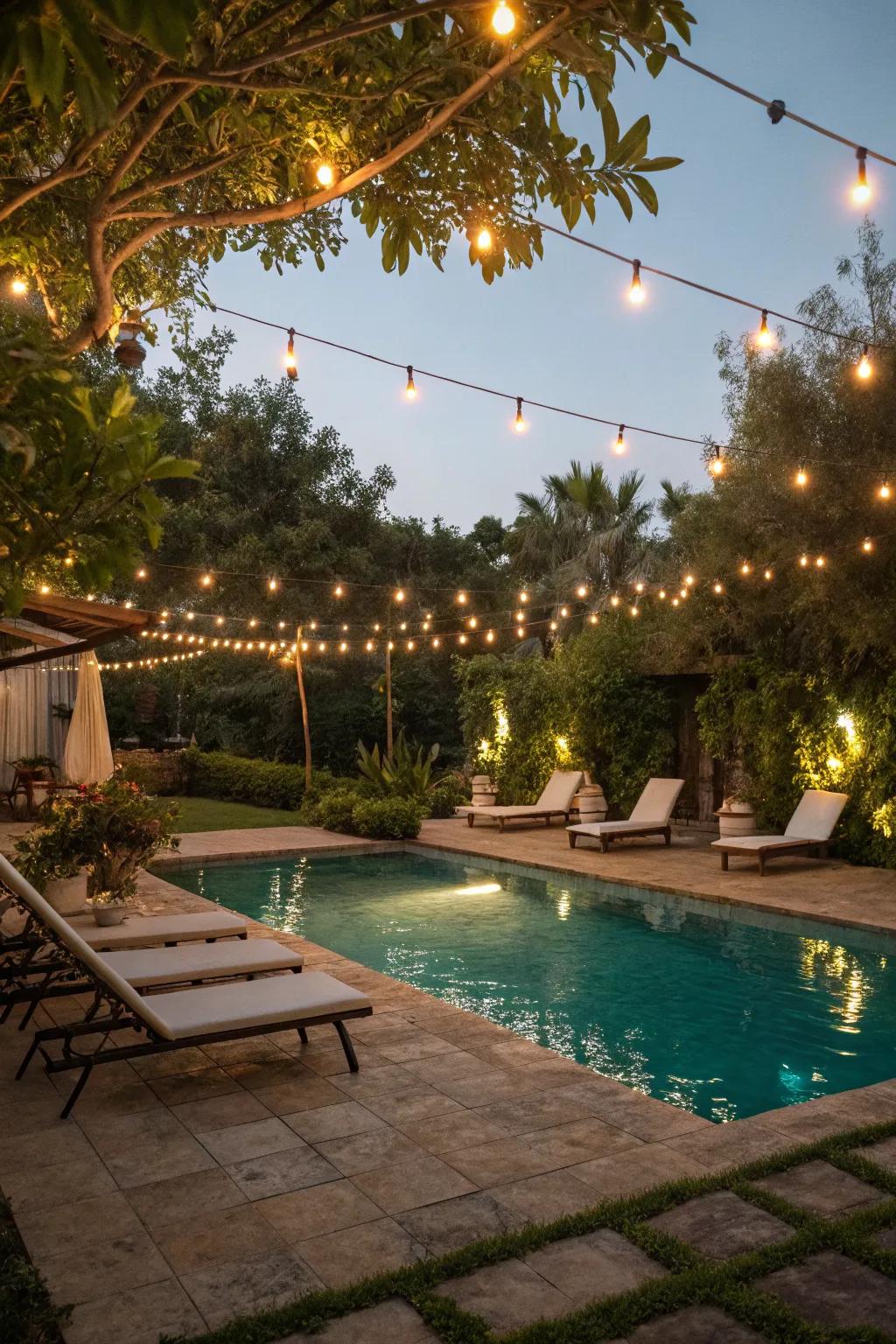 Creative light arrangements set a magical mood for your pool party.