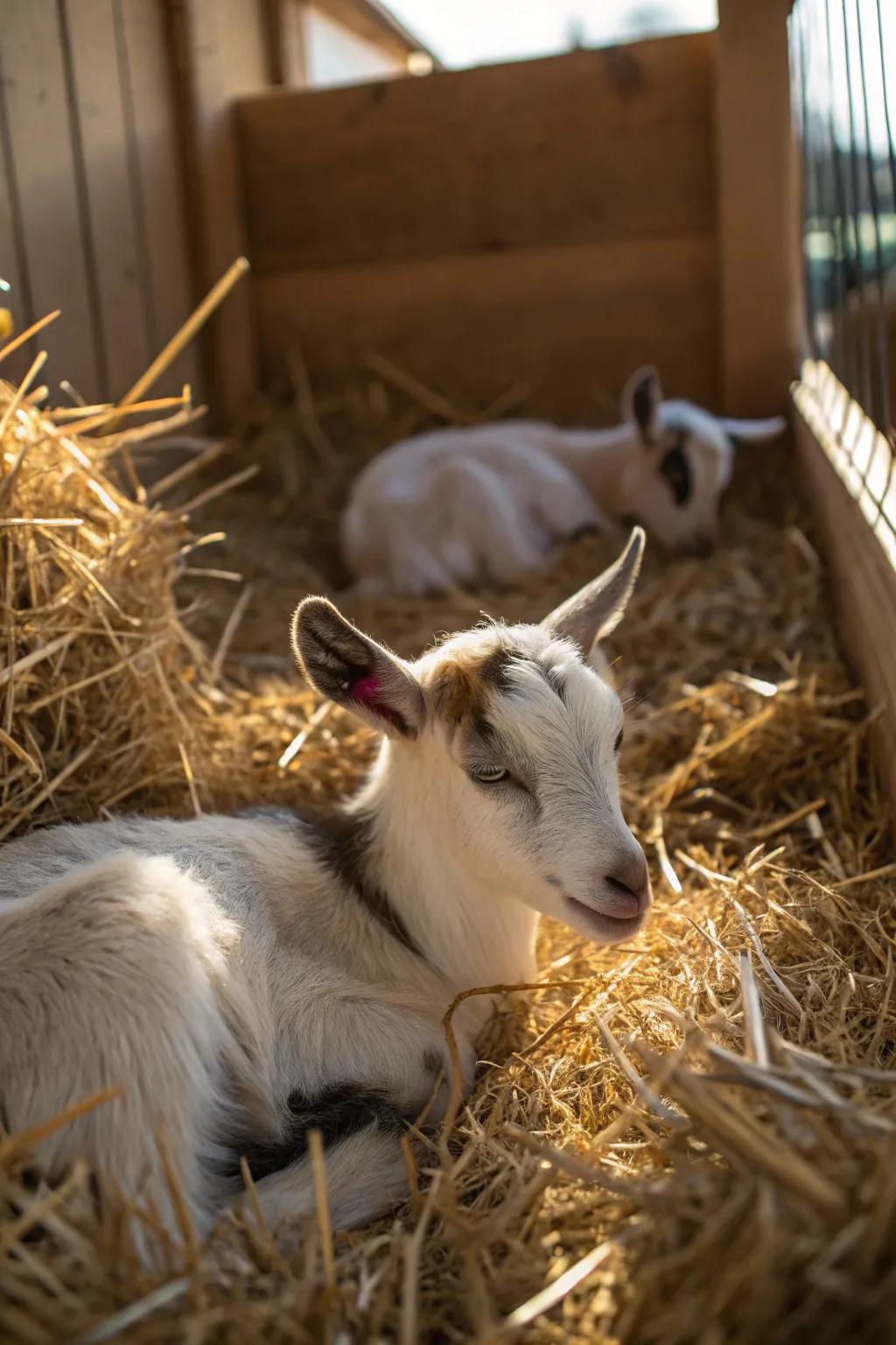 Straw bedding provides warmth and comfort for the goats.