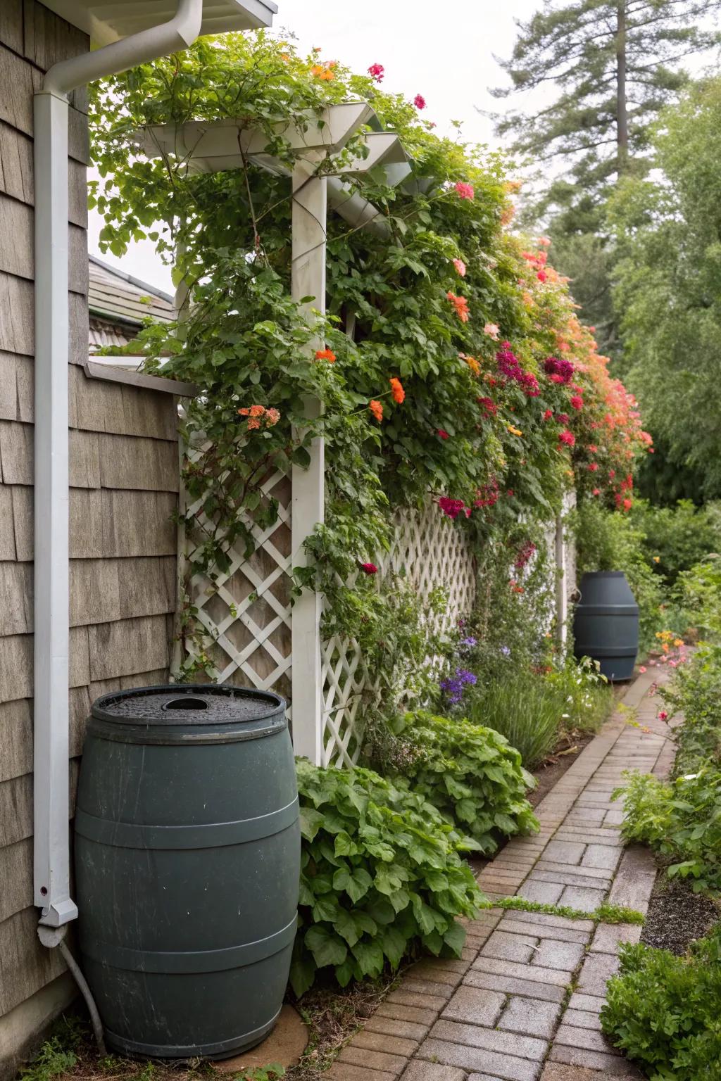 Rain barrels seamlessly integrated with a trellis and climbing plants