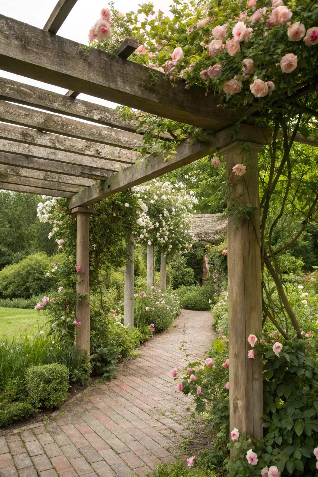 A pergola adorned with roses adds charm and shade.