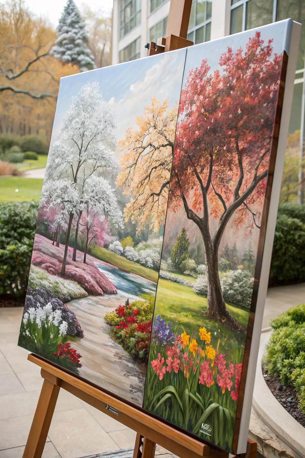 Seasonal transformations in Grandma's garden captured on canvas.