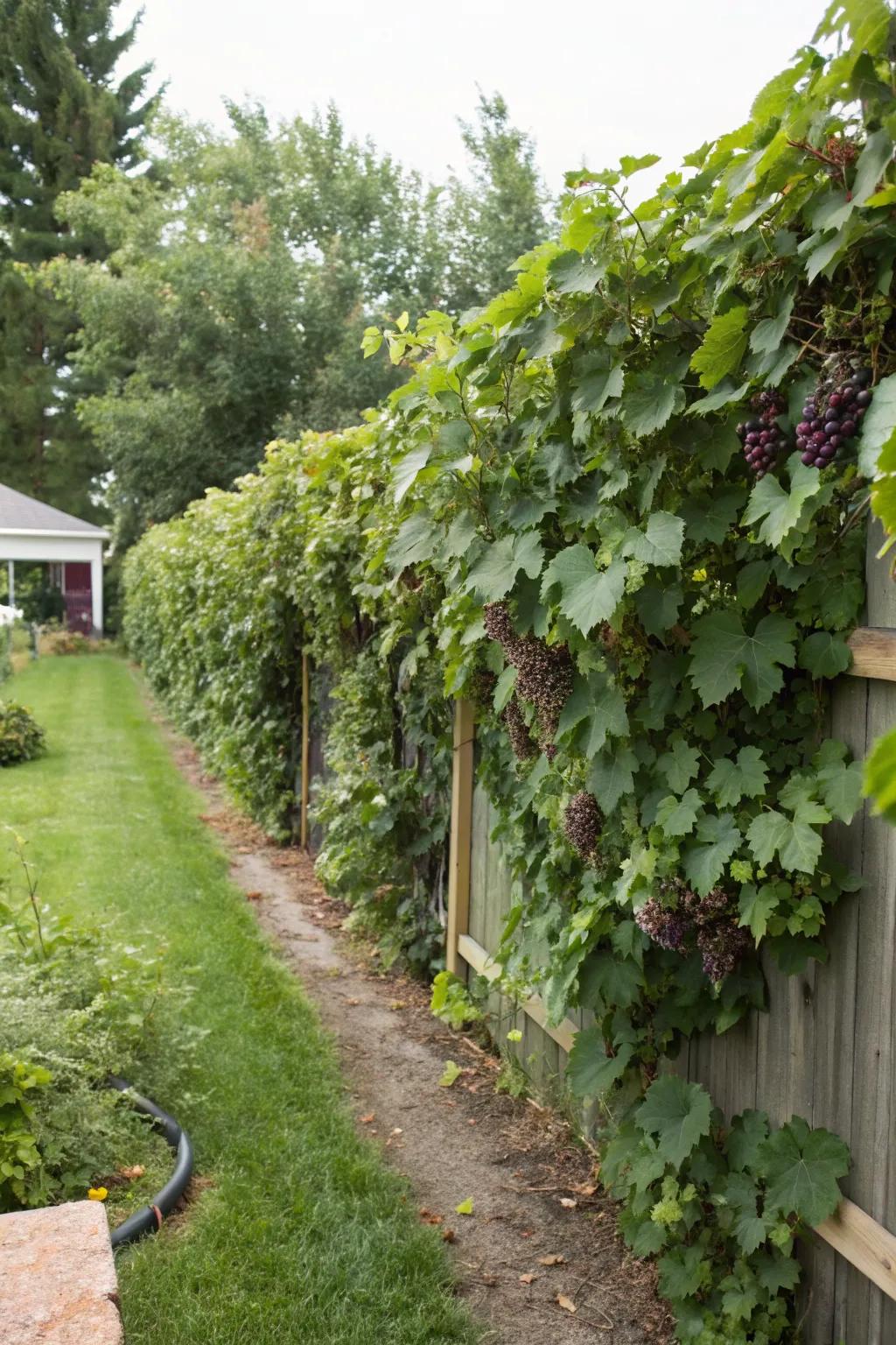 A grape vine fence offering natural privacy and beauty.
