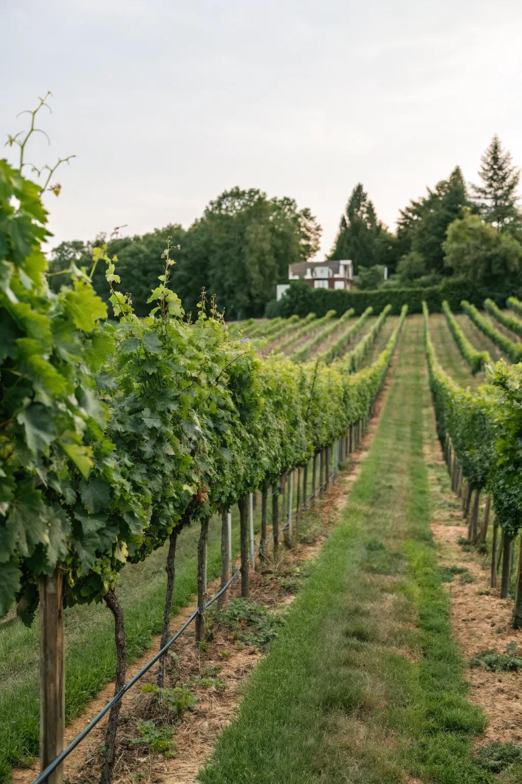 Neatly planted rows create a classic vineyard aesthetic.