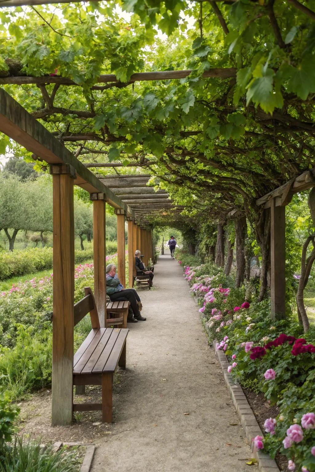 A compact pergola with built-in seating, ideal for intimate garden spaces.
