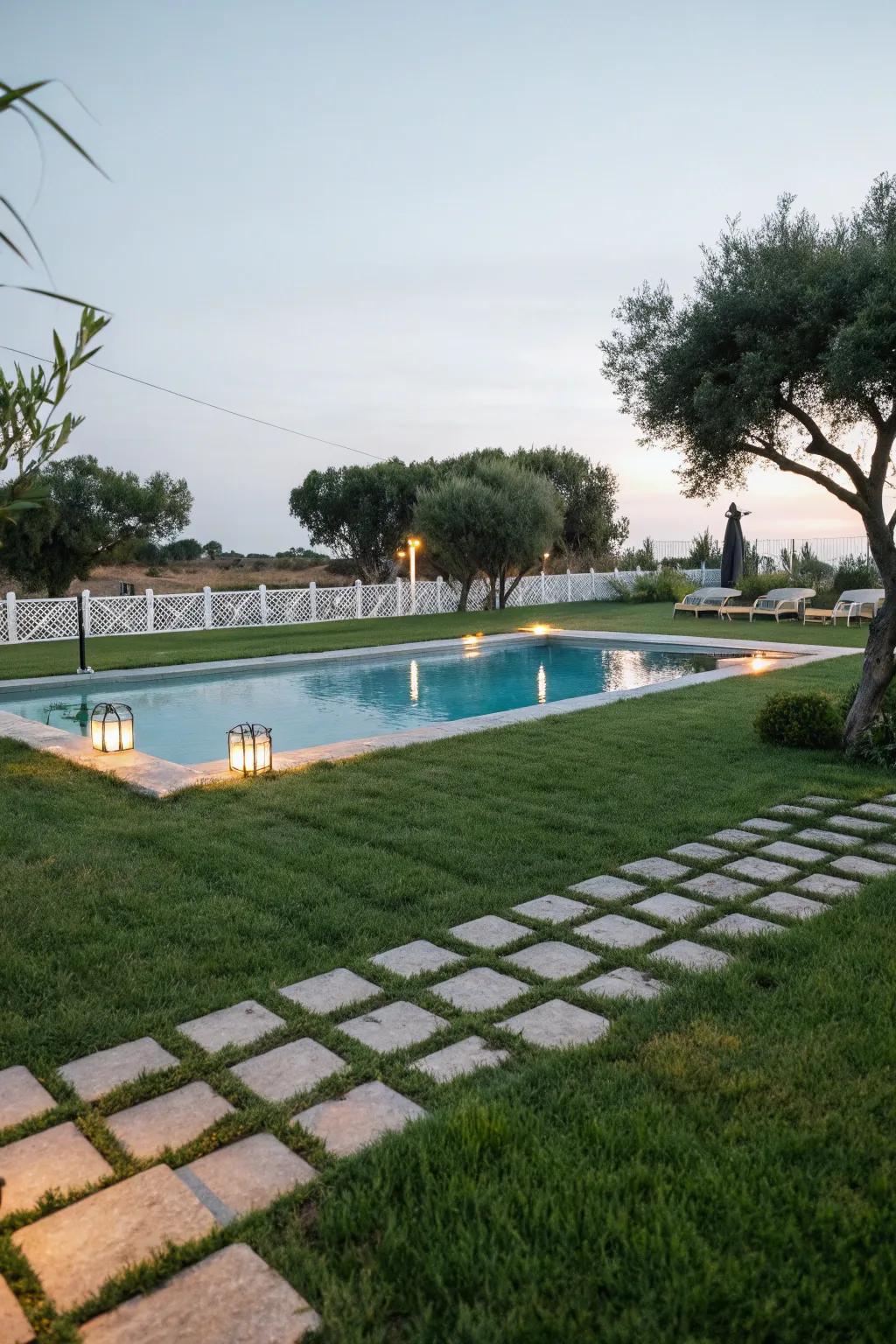 Enhance your poolside with grass and pavers for a serene escape.