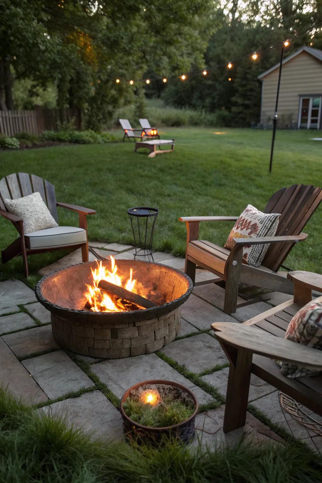 A fire pit surrounded by grass invites cozy gatherings.
