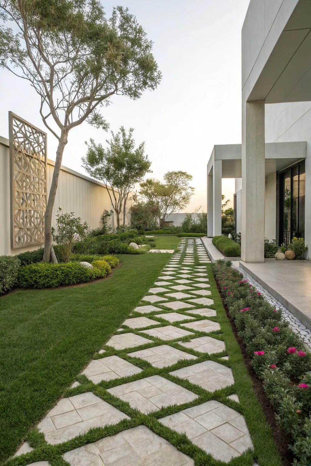 Geometric patterns on a grass walkway for a modern look.