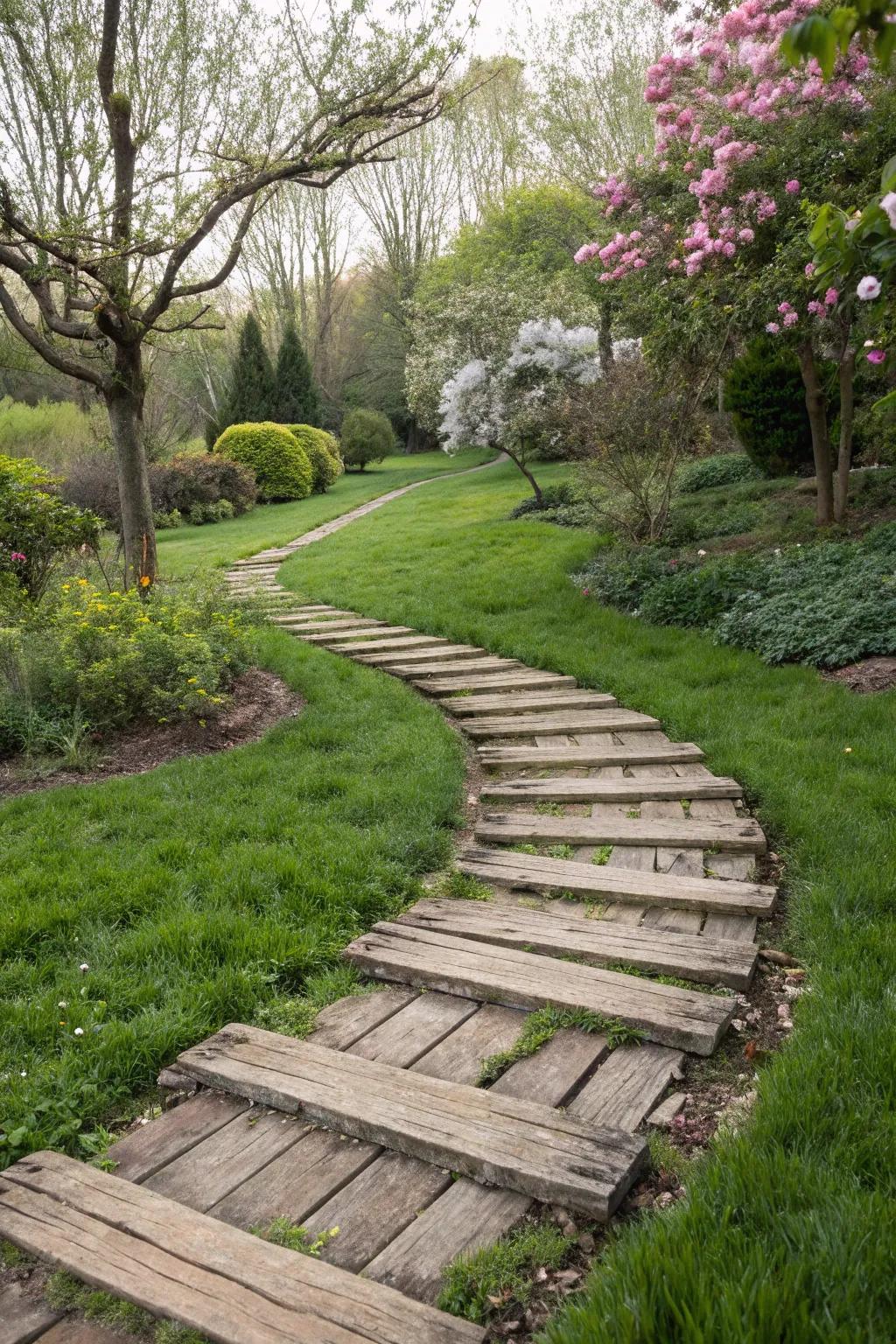 A garden path mixing wooden planks with lush grass.