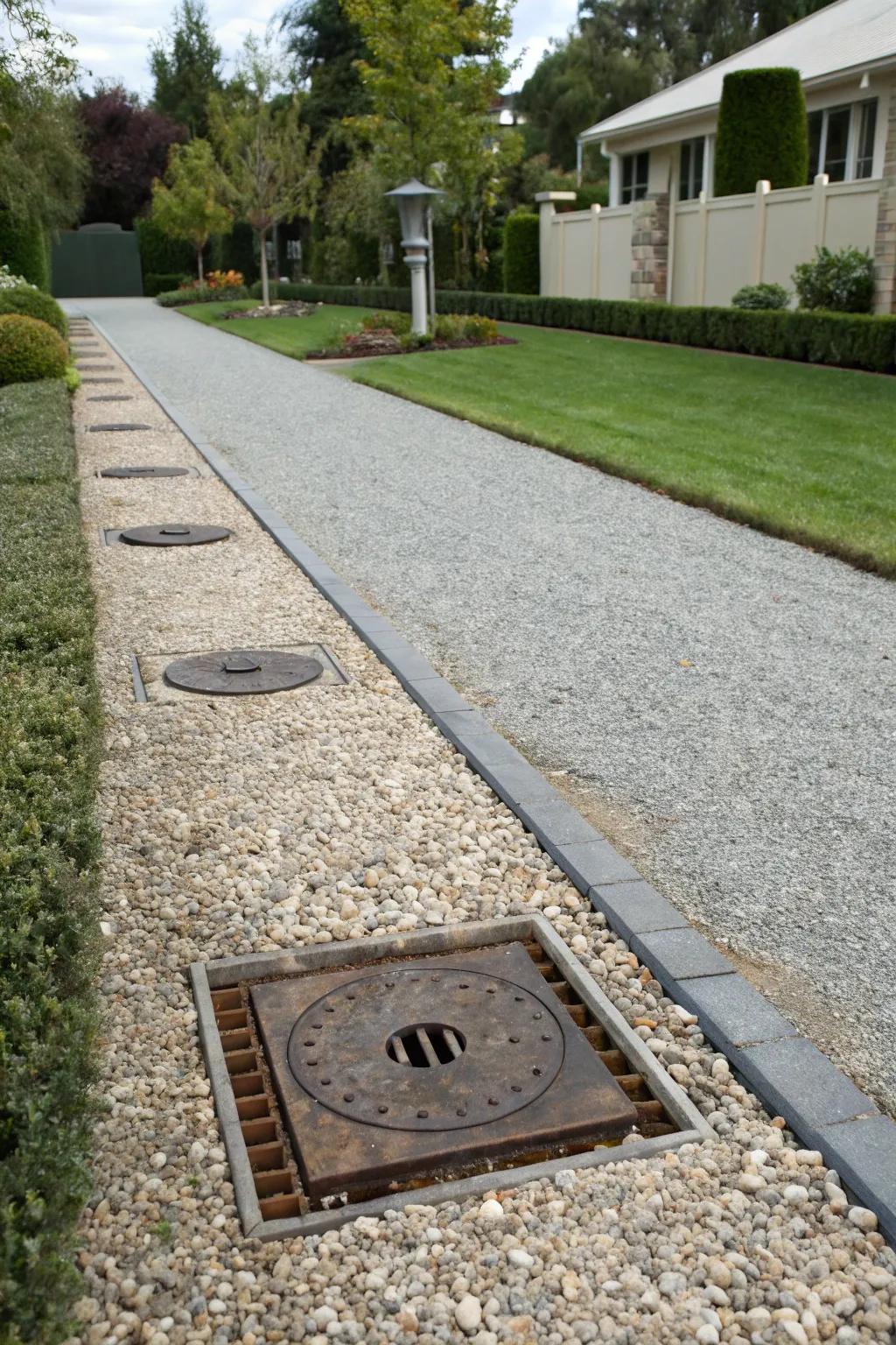 Catch basins efficiently managing water on a gravel driveway.