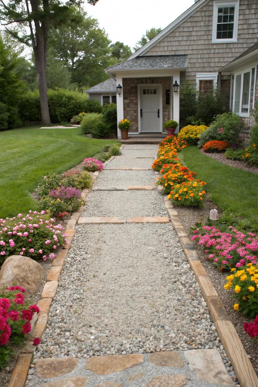 A defined pathway adds structure and welcome to this driveway.