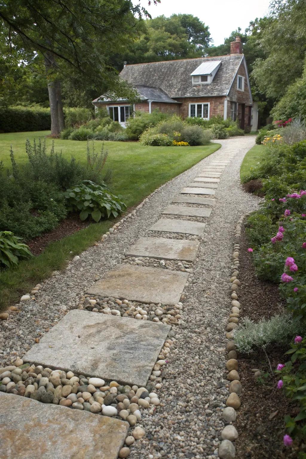 A gravel driveway with integrated stone pathways.