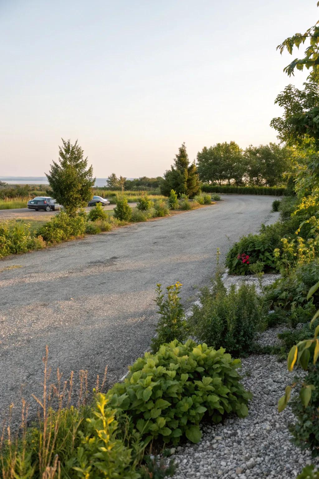 Greenery enhances the aesthetic appeal of gravel parking lots.