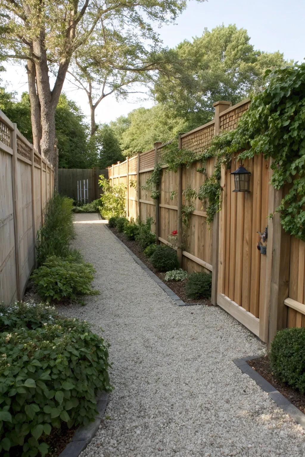 Gravel side yard with a stylish wooden privacy fence.