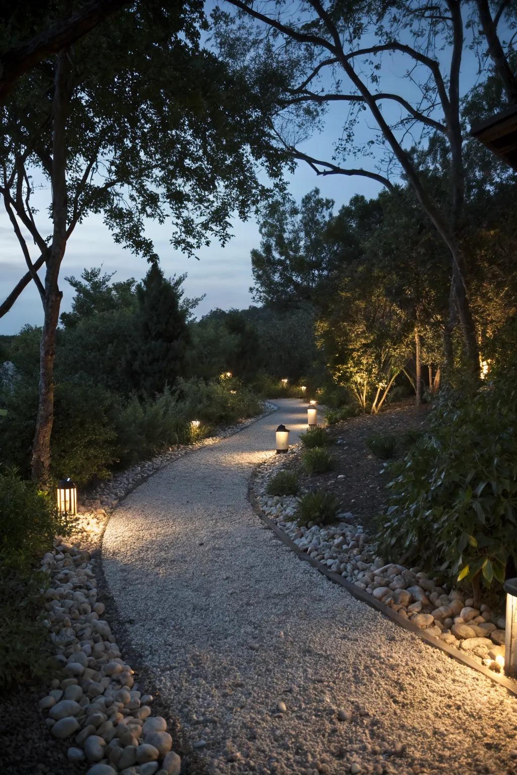 An enchanting gravel path illuminated by gentle garden lighting