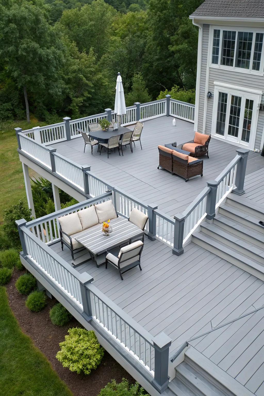Create dynamic spaces with a multi-level gray deck.