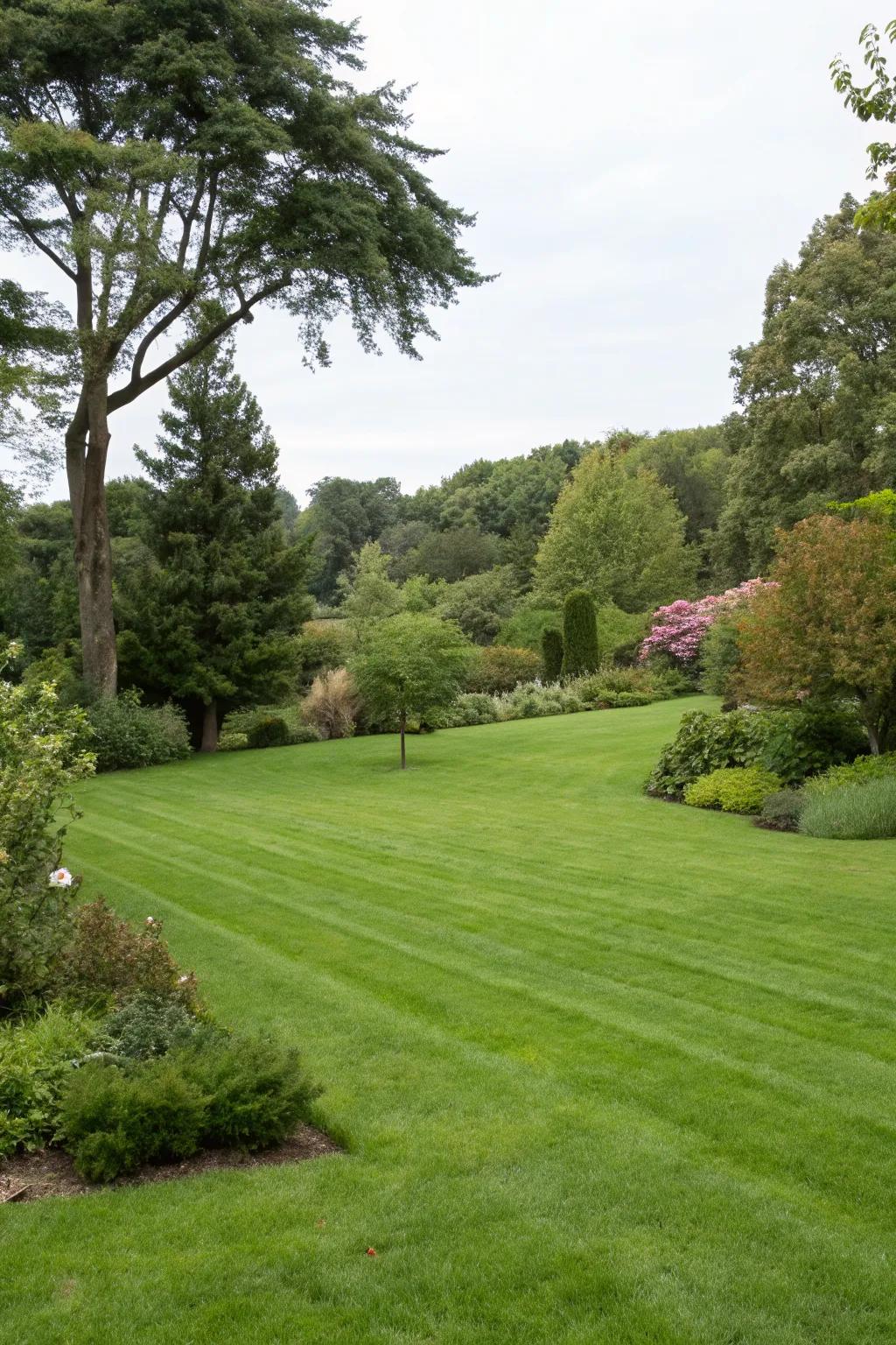 A manicured lawn offers space for relaxation and play