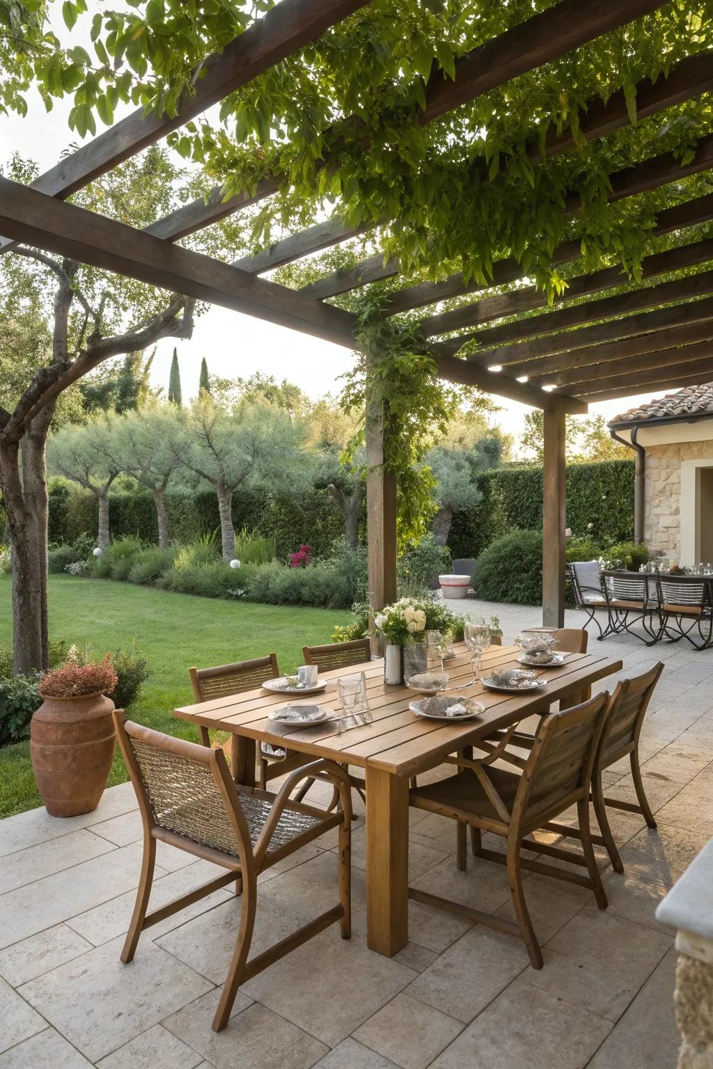A shaded dining area invites guests to enjoy meals in a Greek-inspired garden.
