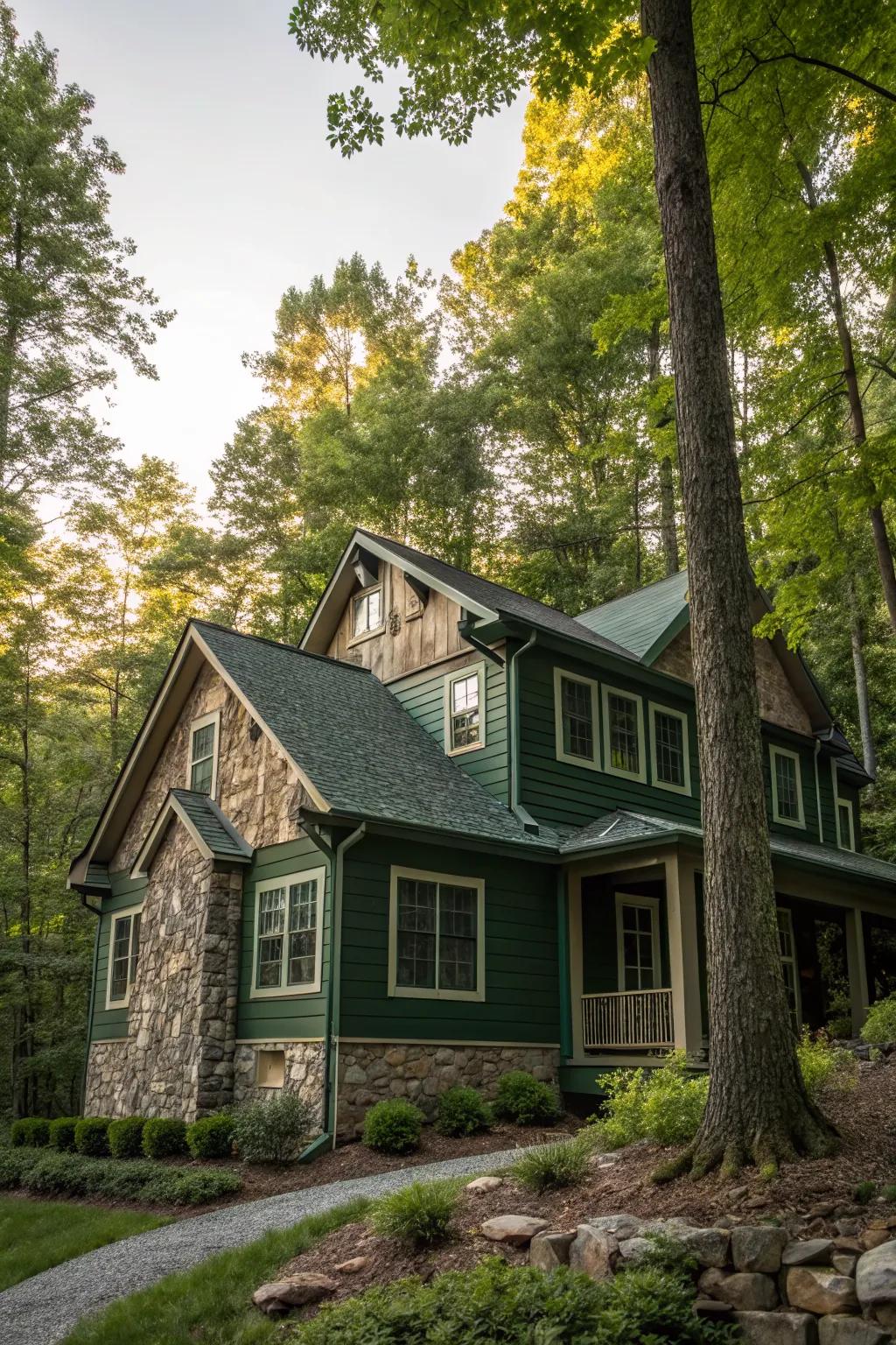 Forest green and natural stone exteriors blend beautifully with the natural environment.