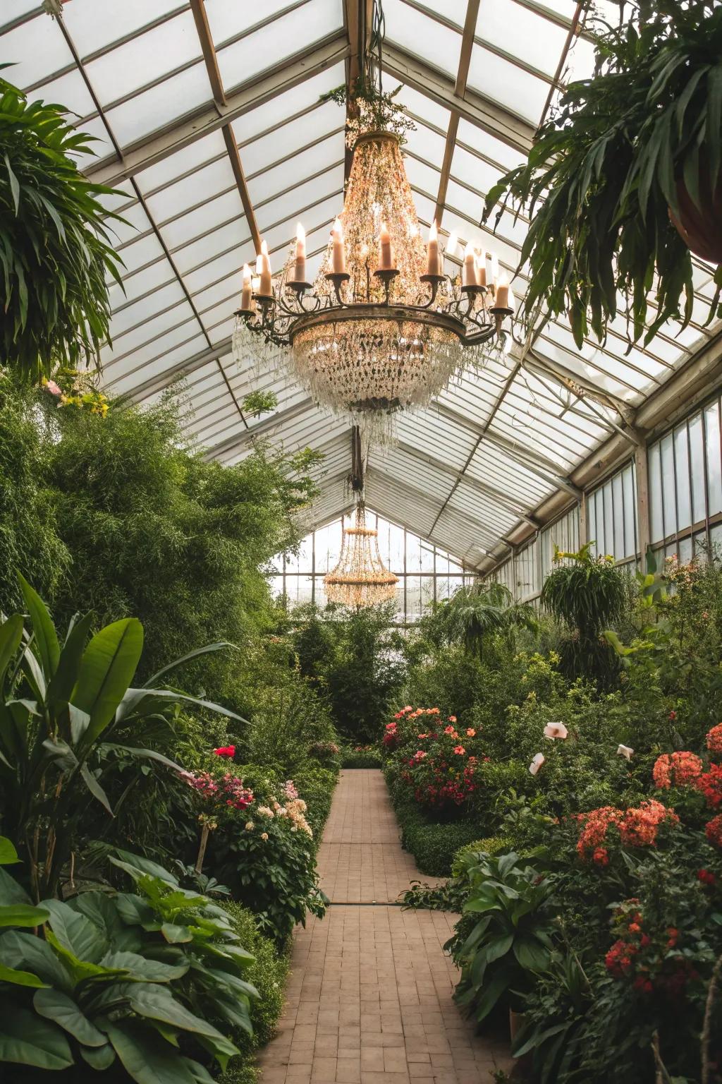 Elegant chandelier adds a touch of luxury inside the greenhouse.