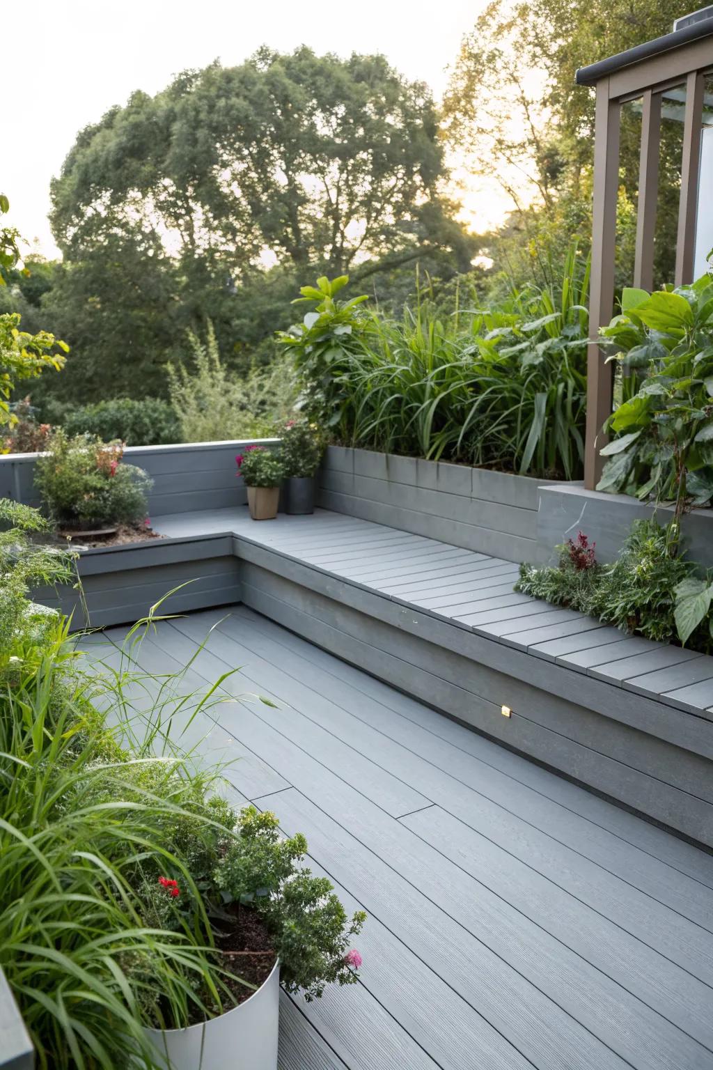 Built-in seating on a grey deck, perfect for cozy gatherings.