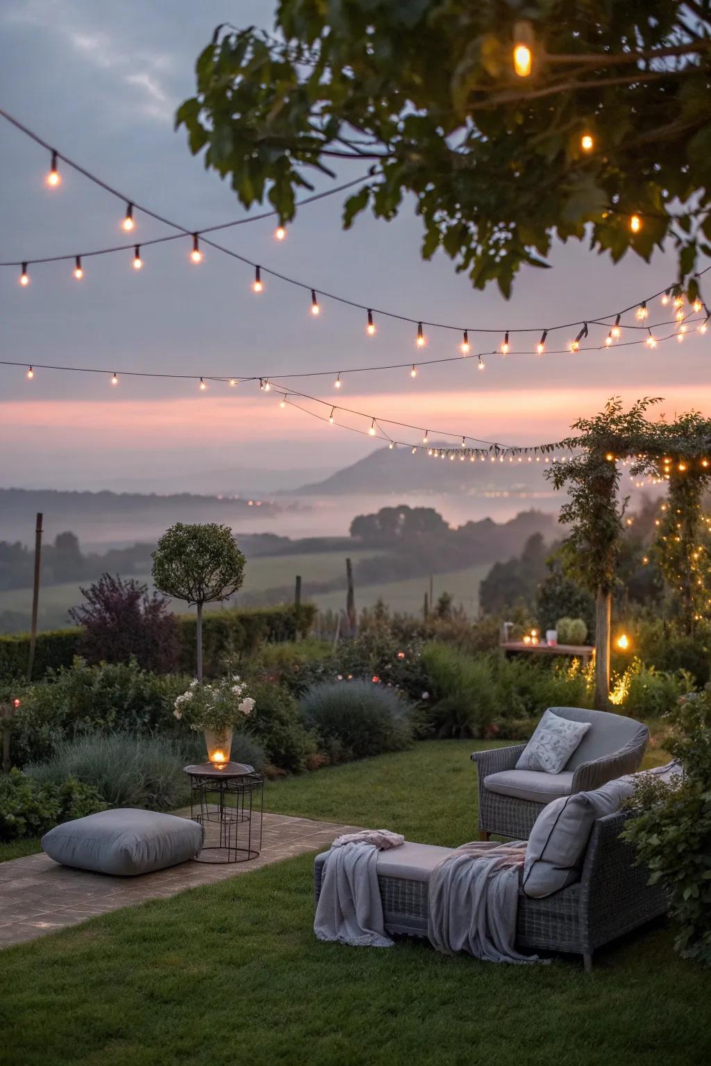 A garden illuminated by ambient string lights, highlighting grey decor.