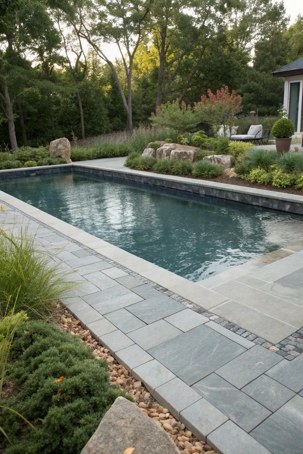 Grey tiles seamlessly blending pool and landscape