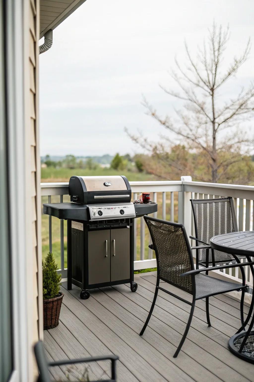 A space-efficient compact grill setup on a small deck.