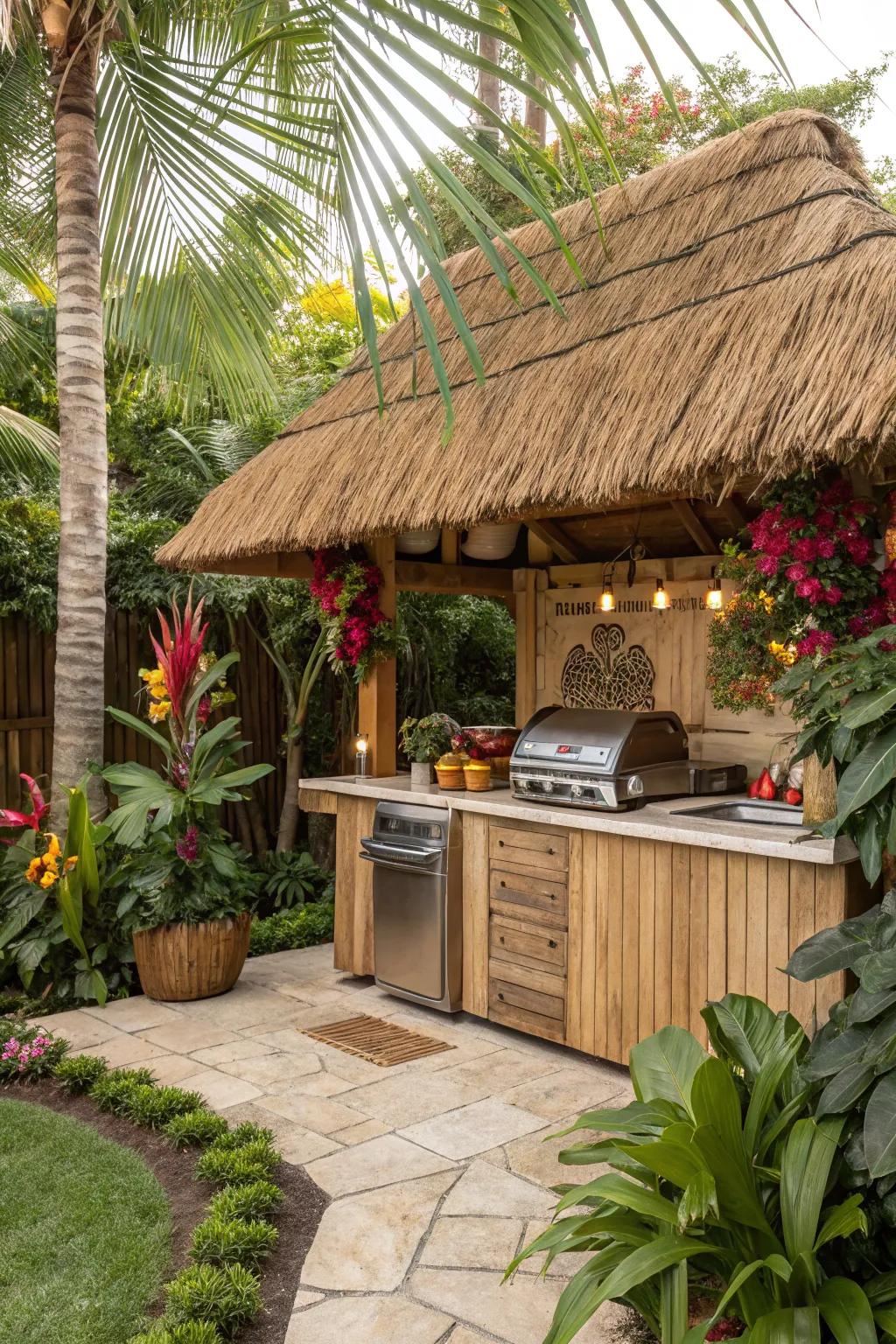 Bring a tropical flair to your grill area with a thatched roof.