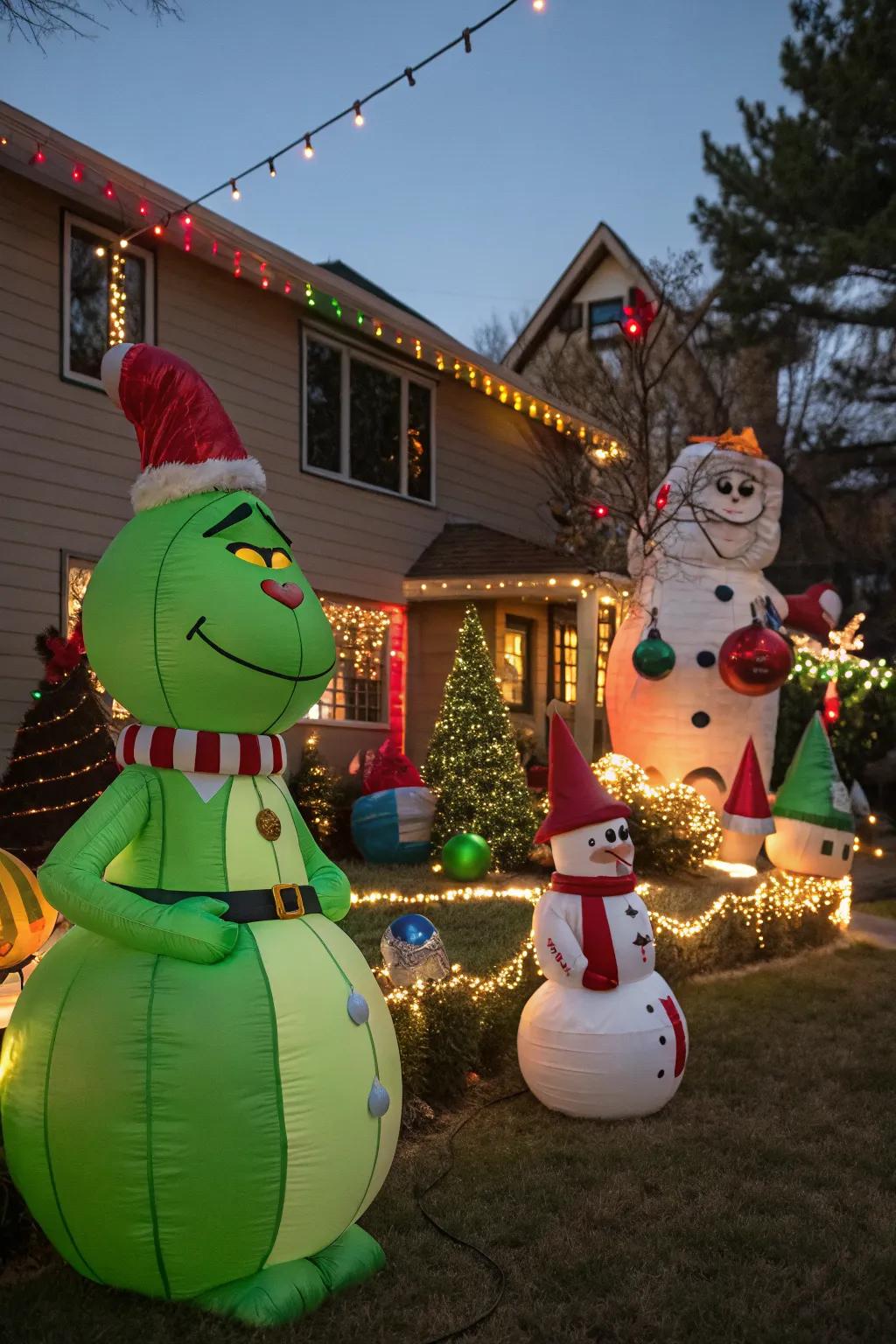 Grinch-themed inflatables bring larger-than-life fun to holiday decorations.