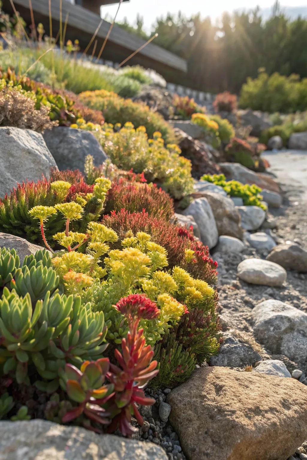 Sedum provides a vibrant, low-maintenance ground cover for sunny areas.