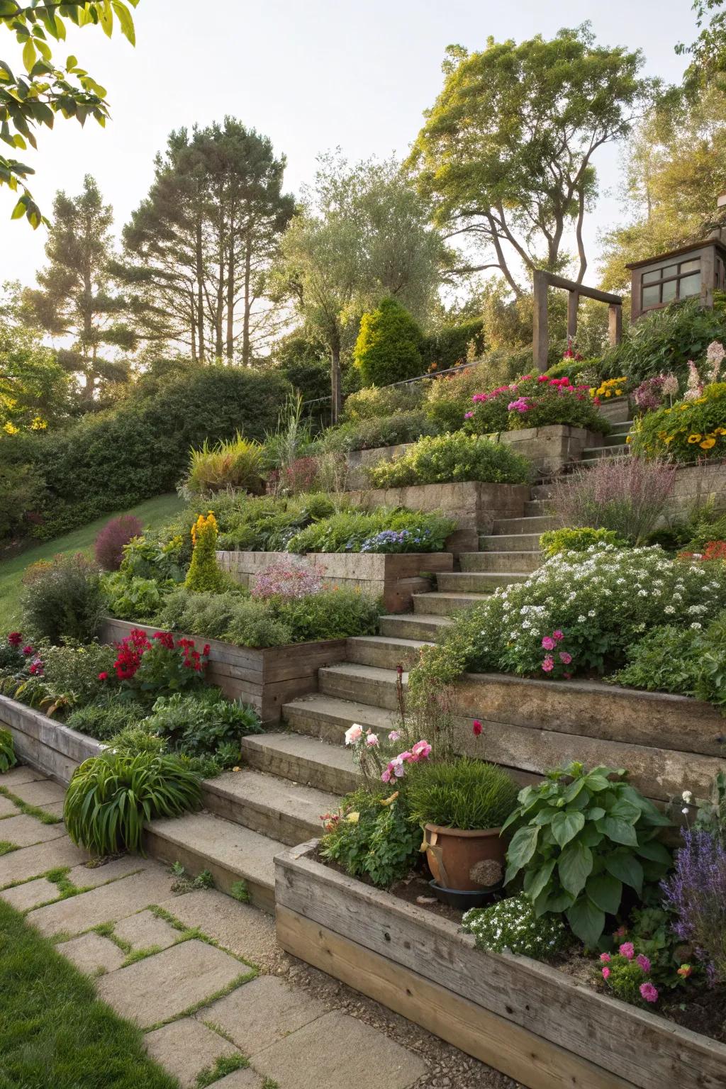Tiered landscaping creating depth and dimension in a beautiful garden.