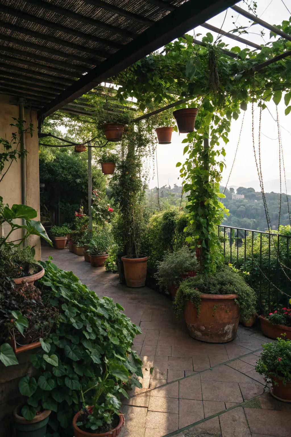 Natural elements like potted plants and vines enhance the patio's charm.