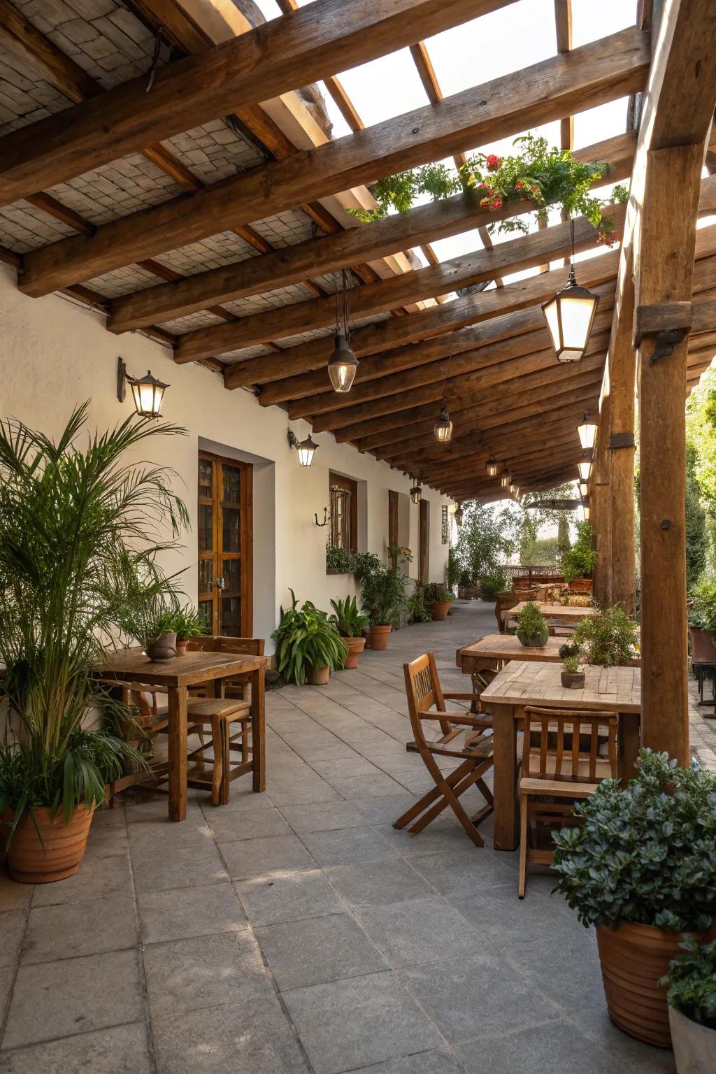 Wooden beams bring a rustic charm to this hacienda-inspired patio.