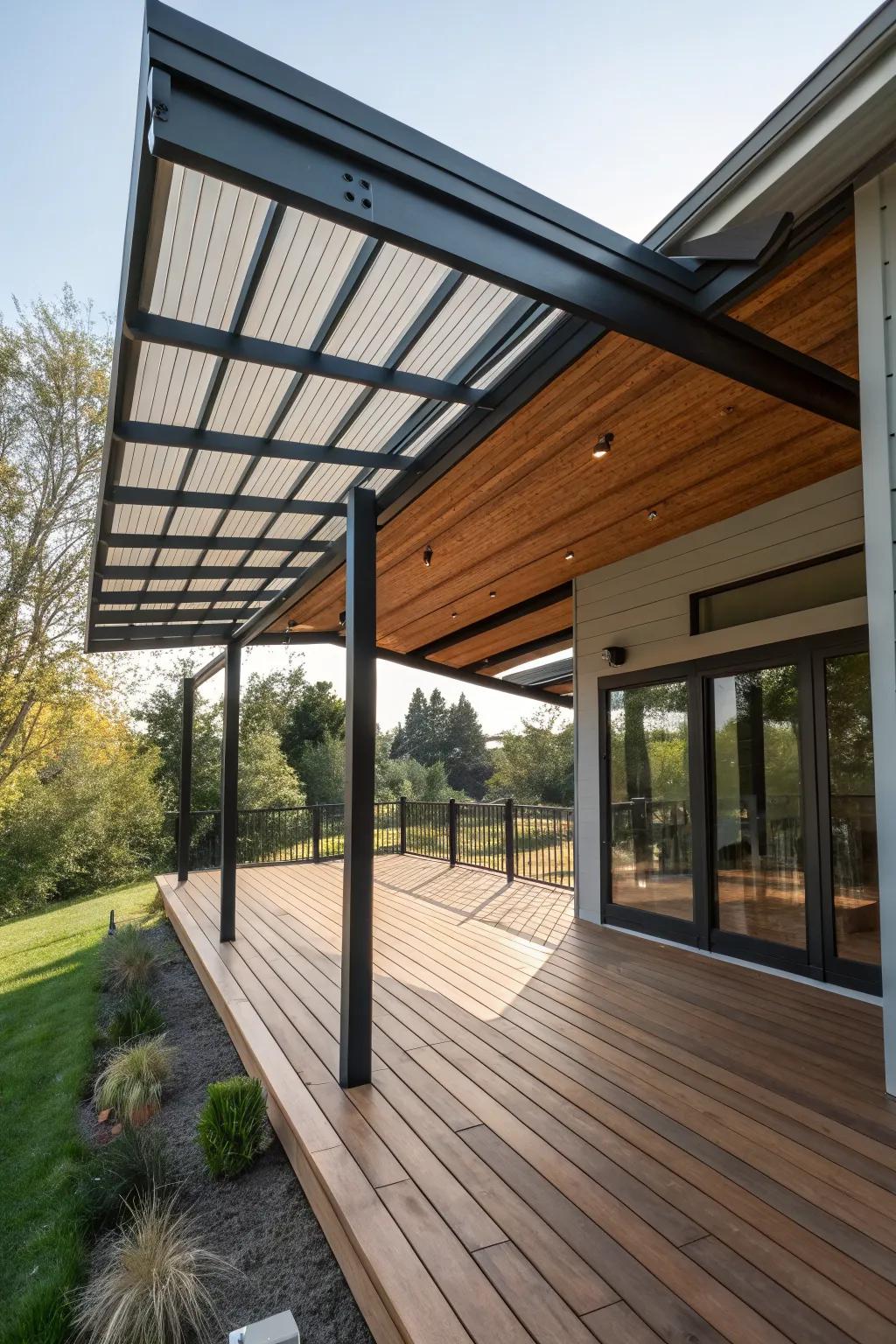 A deck canopy that marries strength and aesthetics with mixed materials.