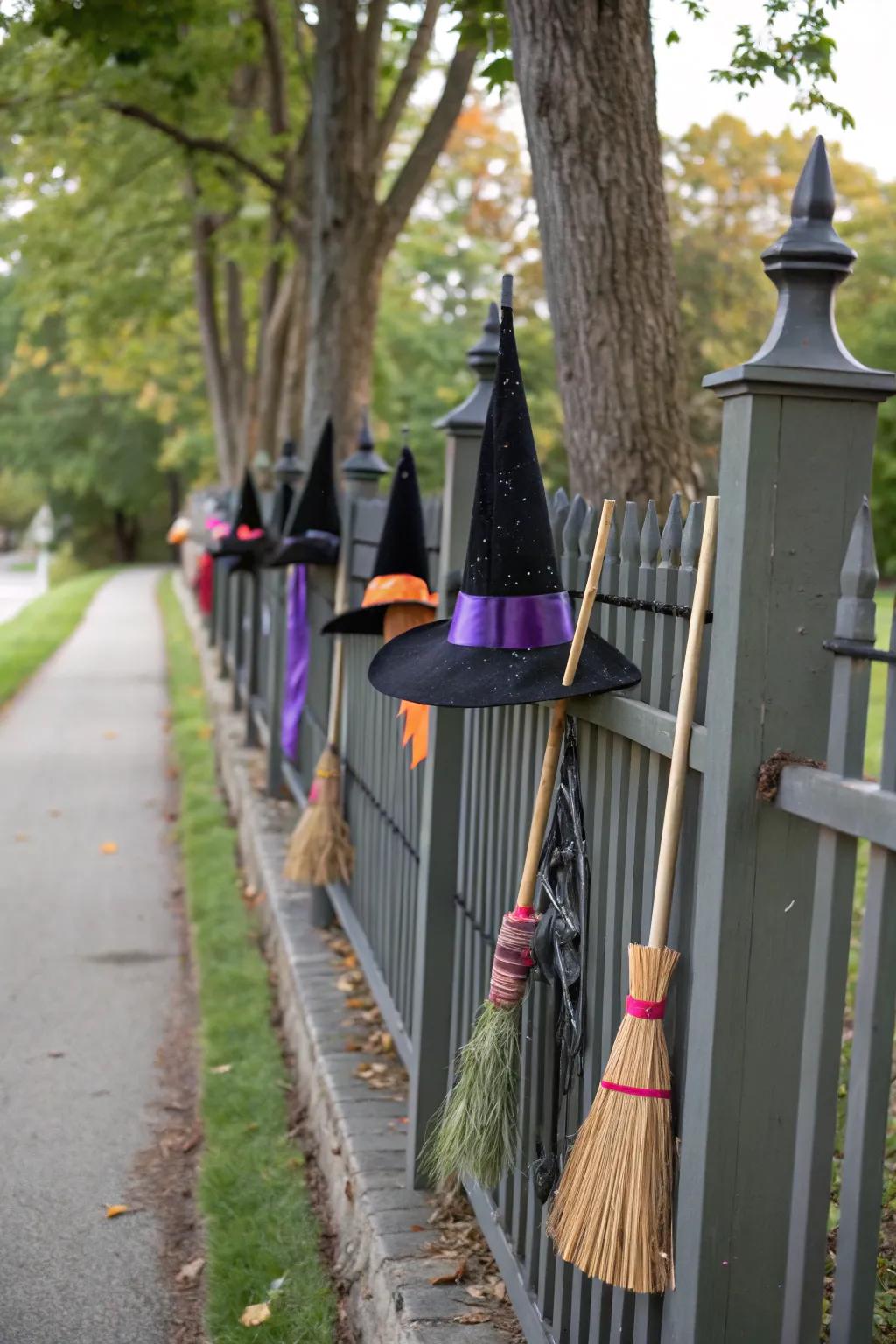 Witch hats and brooms turn your fence into a scene from a magical flight.
