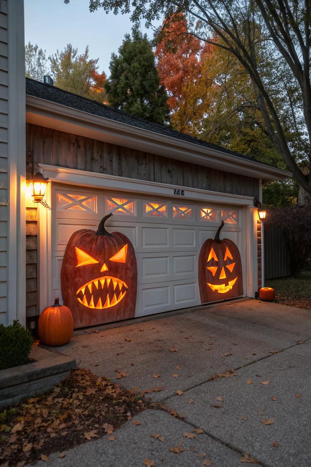 Classic jack-o'-lantern faces light up the night.