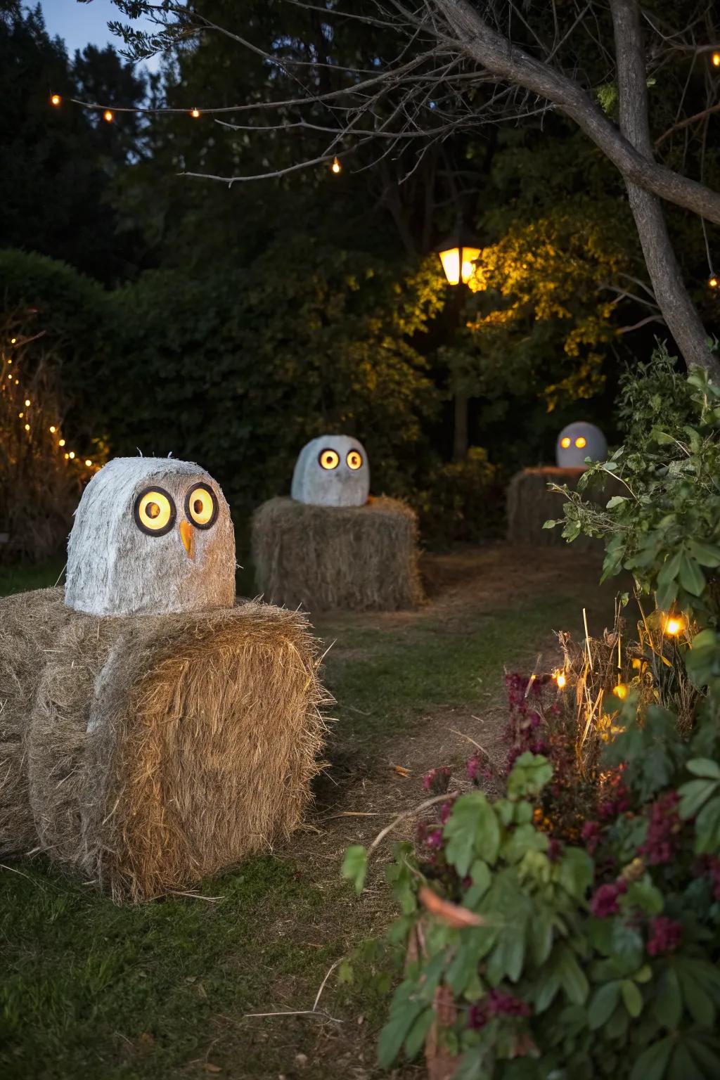 Ghostly owls watch over your garden with their eerie glow.