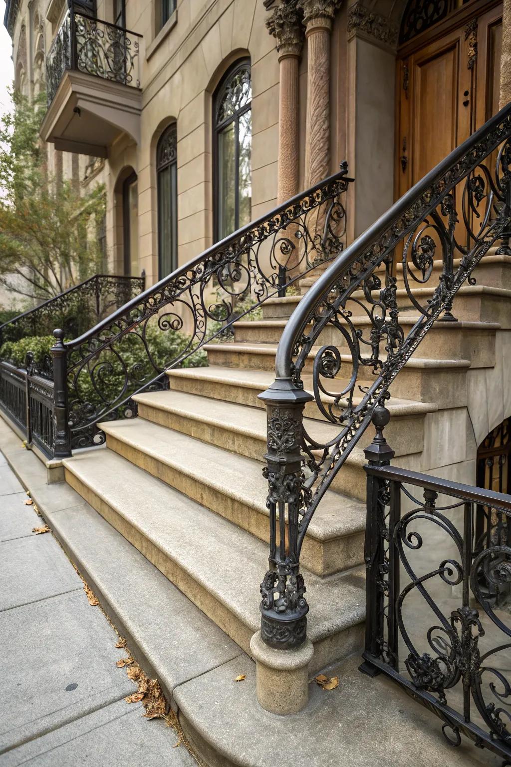 Wrought iron handrails add a touch of classic elegance.
