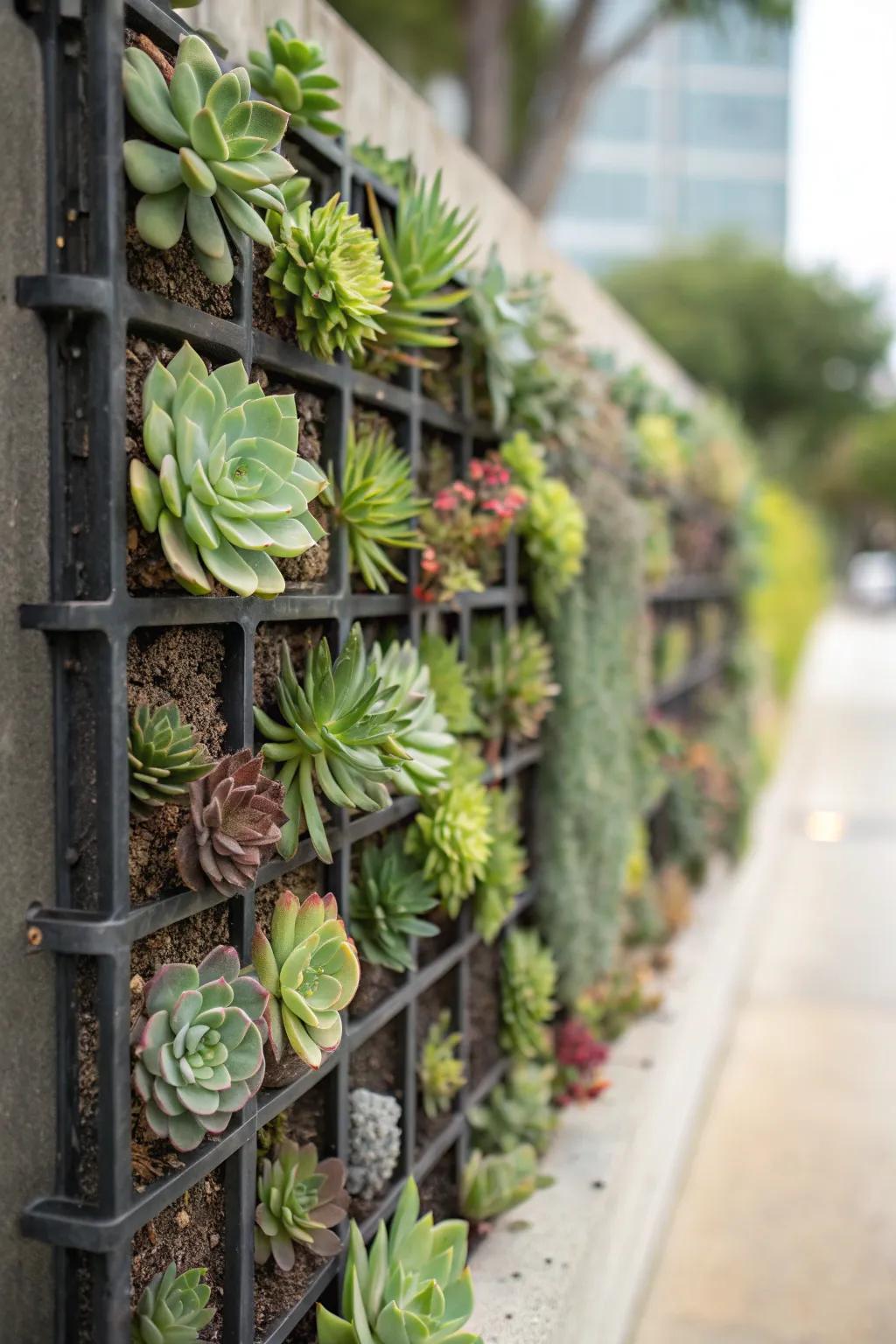 A stunning living wall composed of various succulents in artistic arrangement.