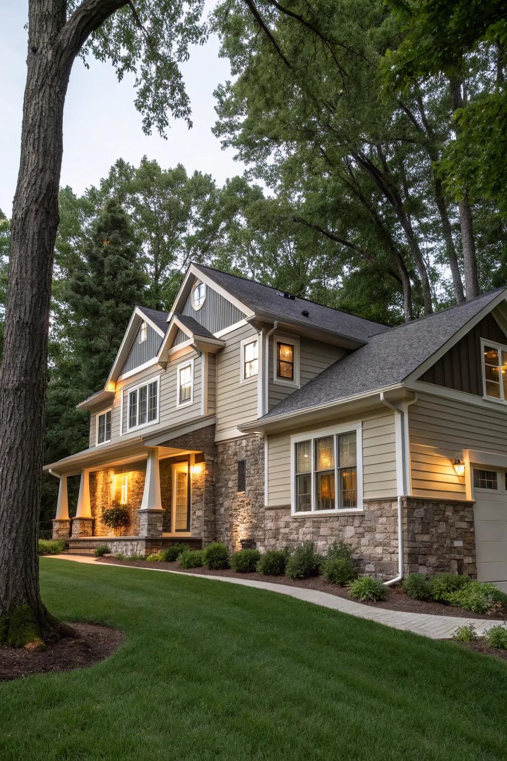 Stone accents paired with Hardie siding create a rustic charm.