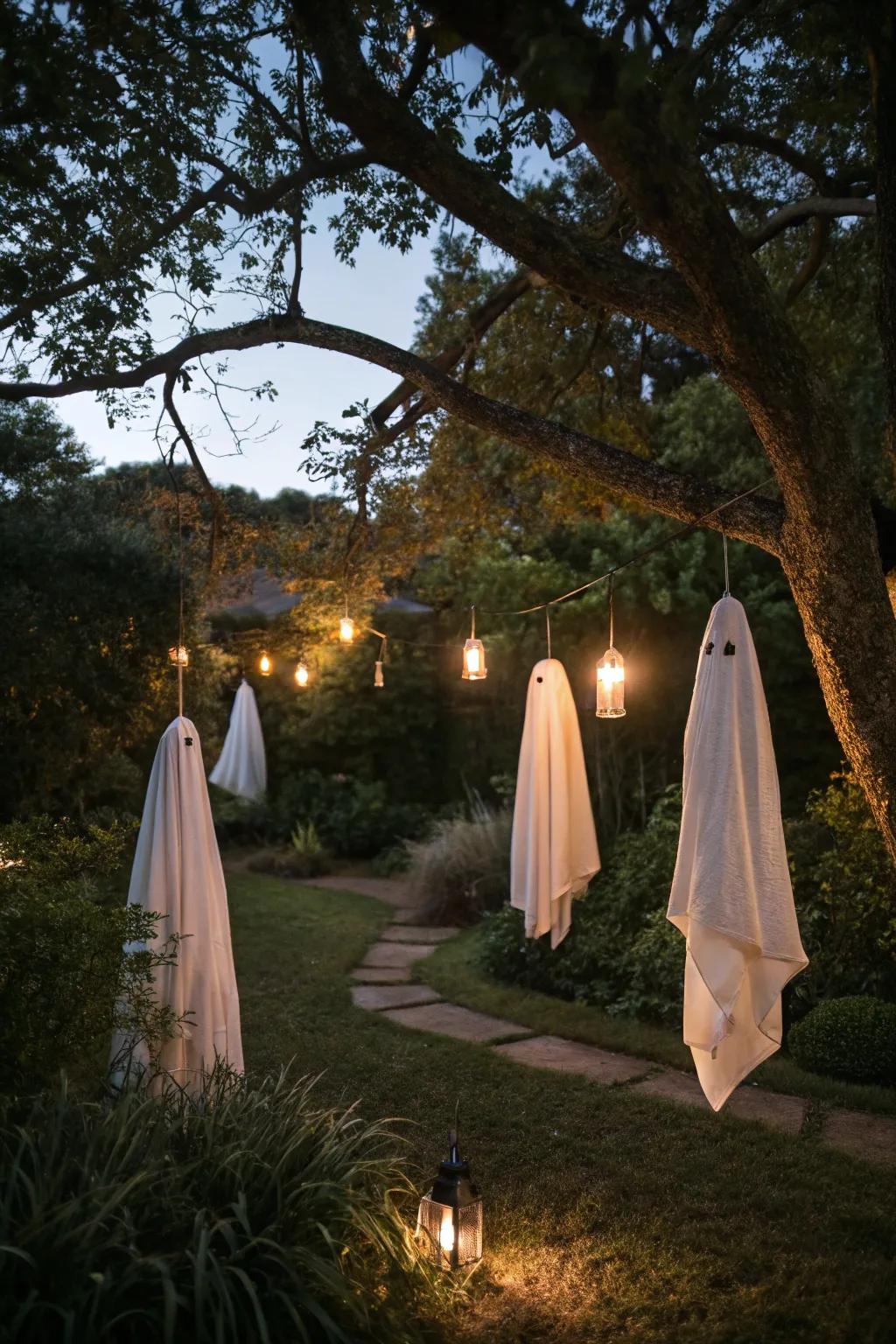 Sheet ghosts suspended from trees bring a classic haunted look to your yard.