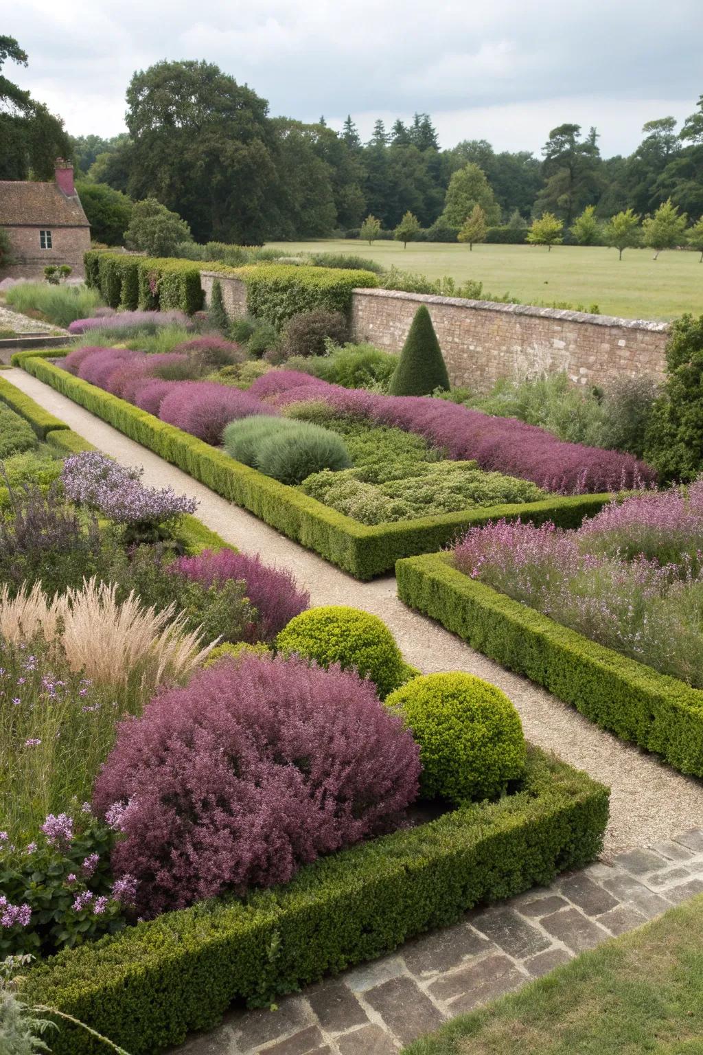 A blend of formal and informal garden layouts with heathers.