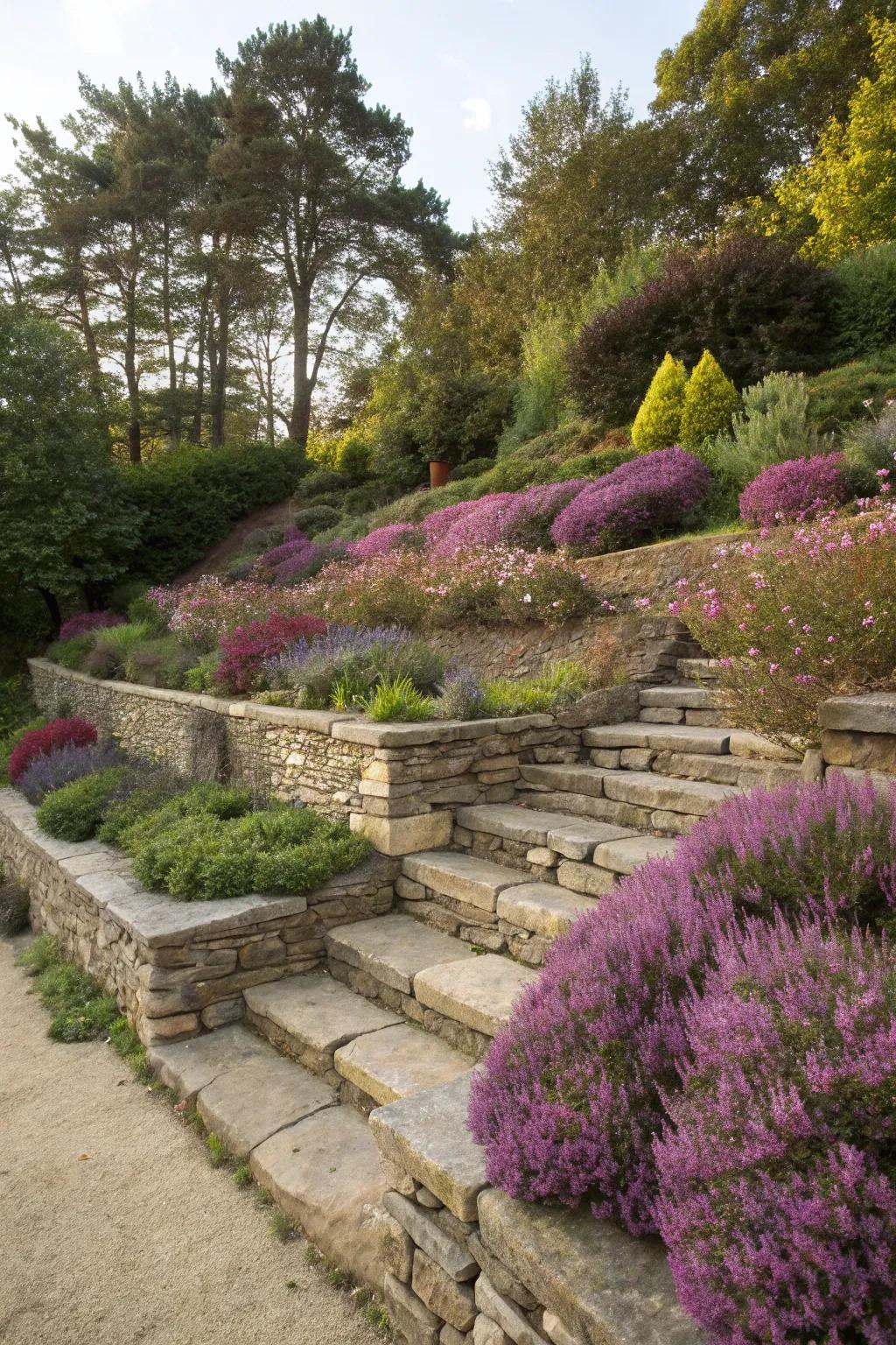 Layered heather plantings in a terraced garden.