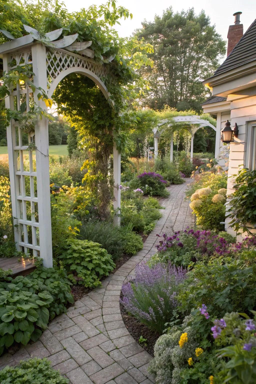 A charming cottage-style garden that mixes herbs with ornamental plants, featuring elegant arches.