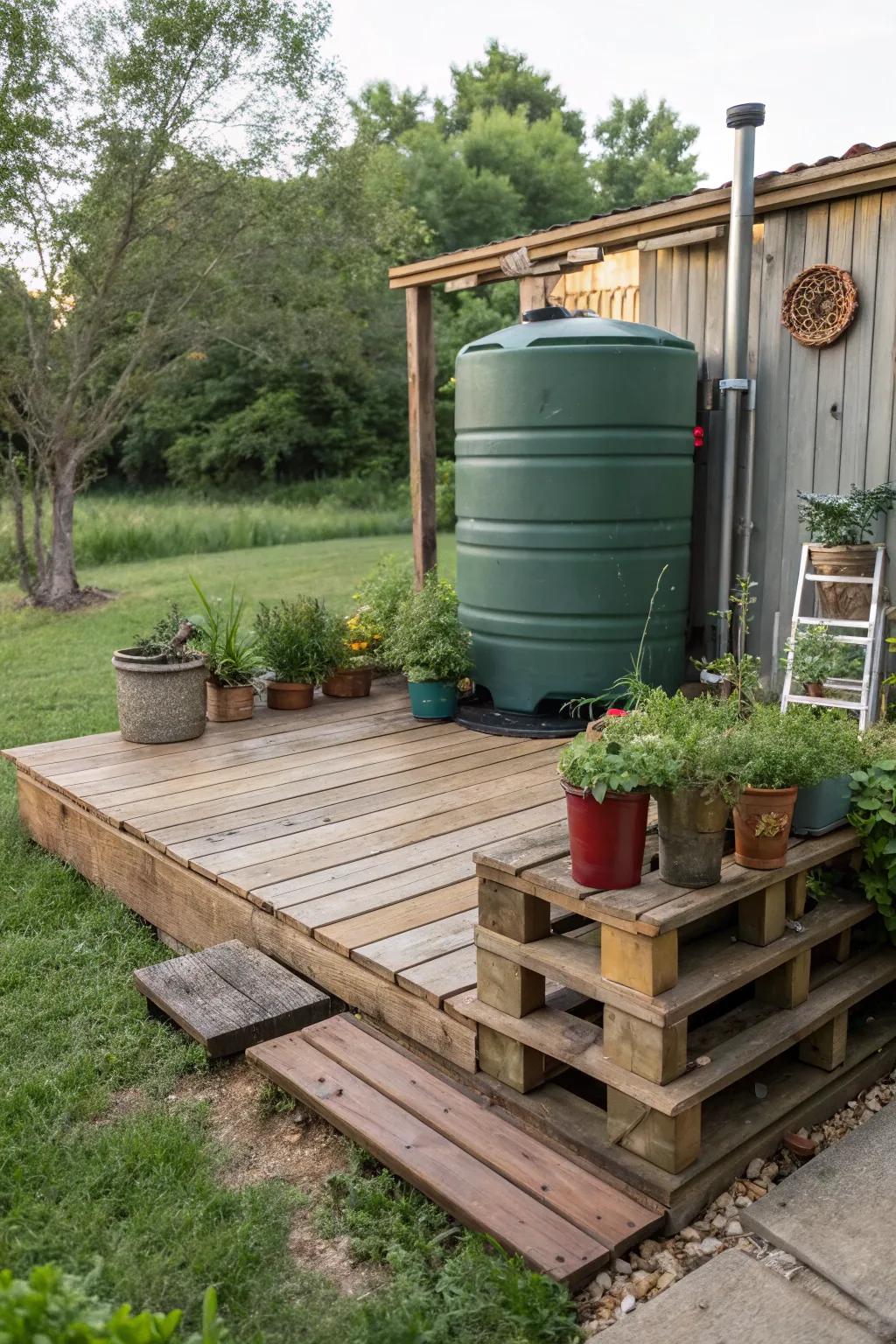 Recycled pallets create a charming mini deck, cleverly concealing a septic tank cover.