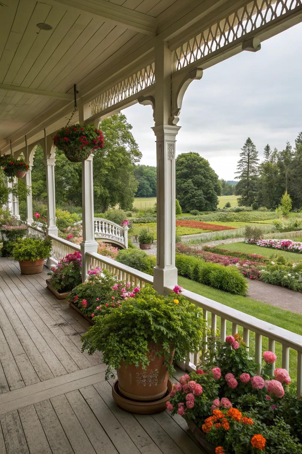 A high porch beautifully integrated with greenery and garden elements.