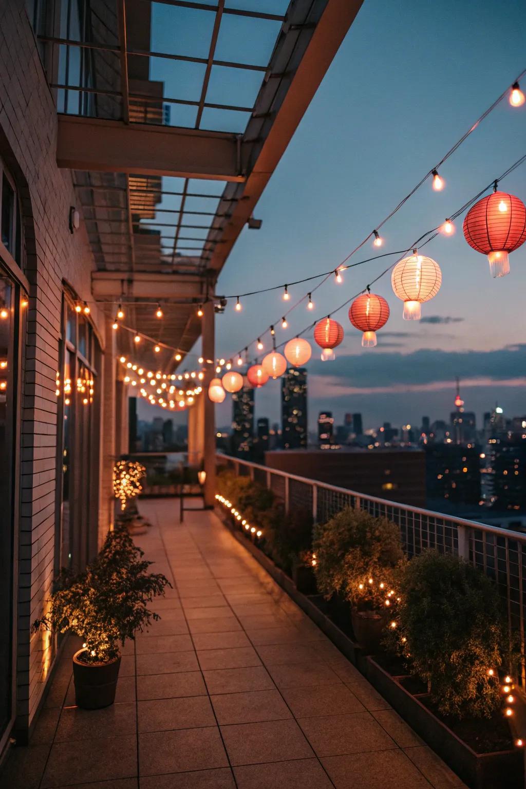 Enchanting lighting brings a magical glow to this high-rise balcony.