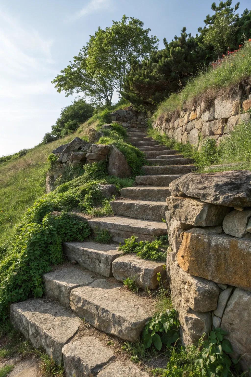 Stone steps elegantly wind through this bouldered landscape, adding accessibility and charm.
