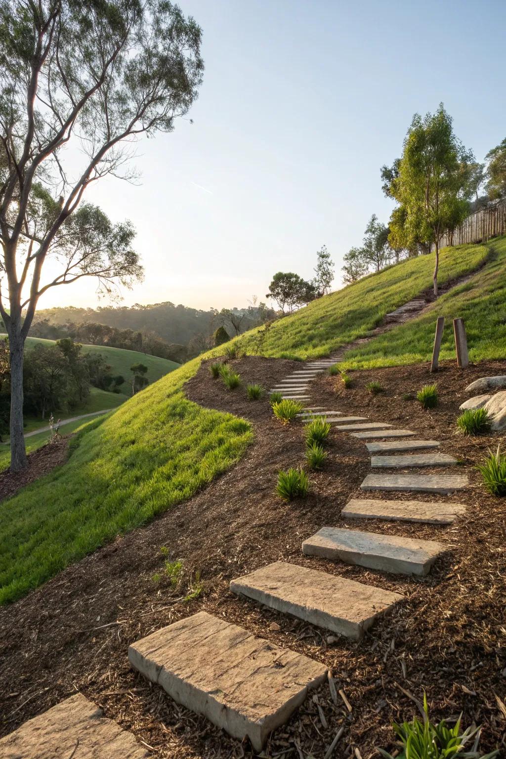 Defined pathways bring function and flair to hillside landscapes.