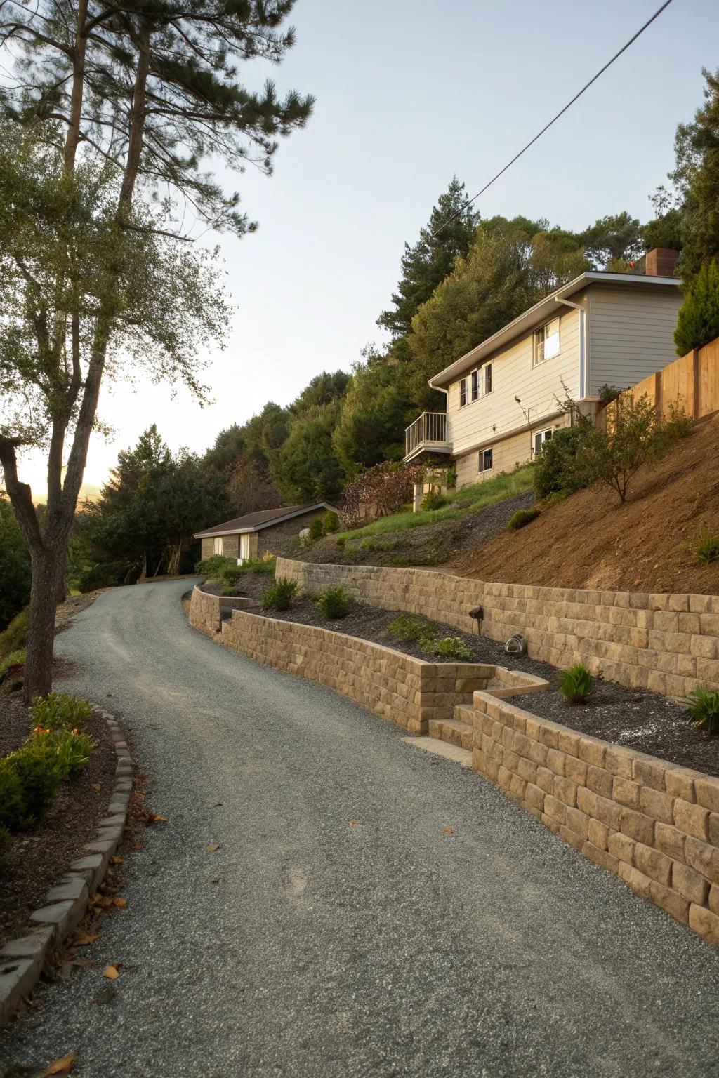Retaining walls create a clean border along pathways and driveways.